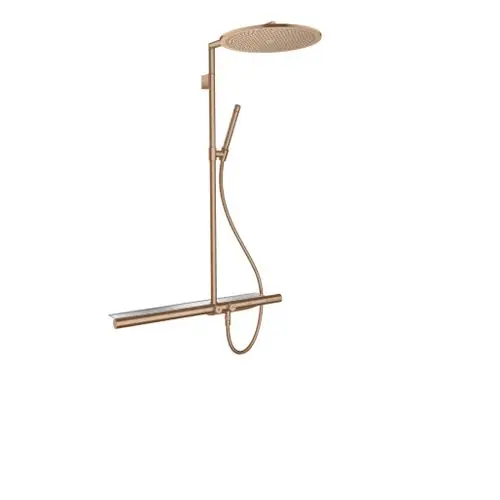 Showerpipe von AXOR mit Thermostat und Kopfbrause in Brushed Red Gold, ausgestattet mit einem Handbrauseanschluss und einer stabilen Montagehalterung.